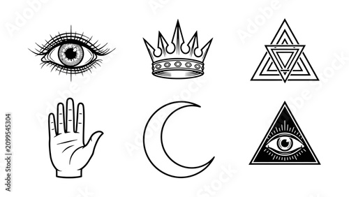 фотографія Collection of six mystical and esoteric symbols including an eye, a crown, triangles, a hand, a crescent moon, and an all-seeing eye within a triangle