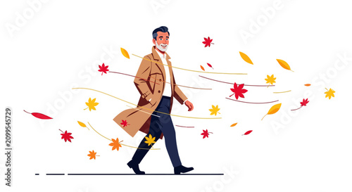 A stylish man in a trench coat walking confidently amidst autumn leaves blowing in the wind, depicting the fall season.