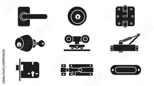 Construction Door Hardware Glyph Icons Set. Black and White Flat Silhouettes of Locks, Handles, Hinges, Door Closers, and Security Devices.