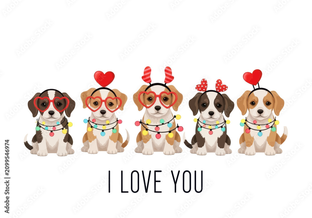 Fototapeta premium Cute beagle puppies with heart glasses and lights