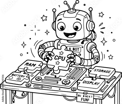 Cute cartoon robot building a computer on a workbench isolated on white background, Vector
