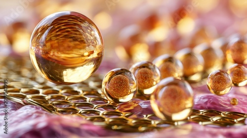 Abstract gold spheres on a mesh grid. Science nanotechnology concept.