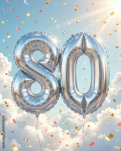 Shiny silver balloons in the shape of the number 80 float amidst confetti and clouds on a sunny day at a birthday celebration.