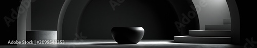 Black Friday Minimal dark architectural interior with arched openings, concrete pedestals and a central matte black bowl lit by a dramatic overhead spotlight