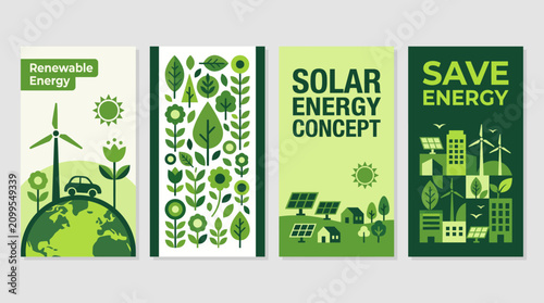 Set of green renewable energy banners promoting solar power, wind turbines and eco friendly city illustration