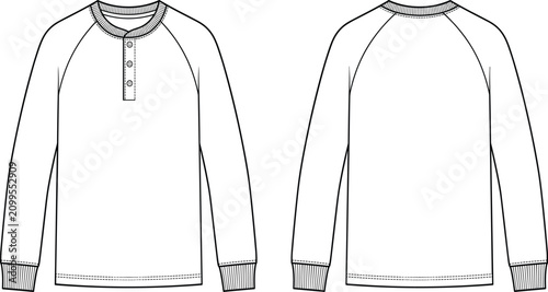 Obraz na plátně Men long sleeve raglan henley shirt fashion flat technical drawing template fron