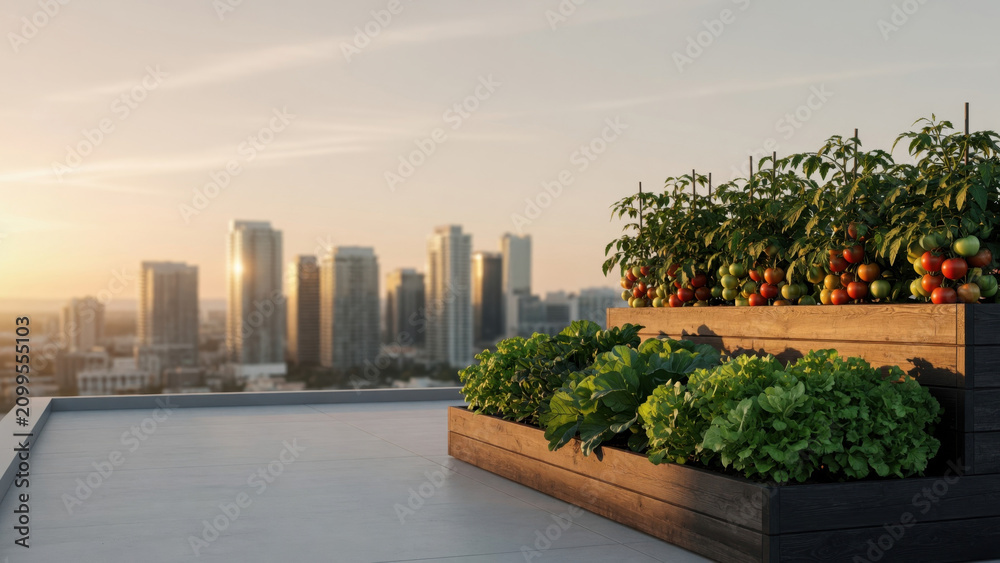 Fototapeta premium Urban garden rooftop vegetable tomato lettuce sunrise city building sustainable agriculture Lush urban garden rooftop with vegetable bed of tomato and lettuce sunrise Urban micro farming concept