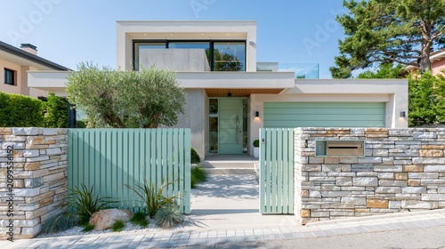 Modern house exterior features green sliding gates and stone wall in a sunny neighborhood Generative AI