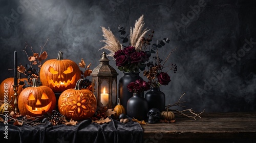 Atmospheric Helloween Decor Featuring Carved Pumpkins and Lanterns