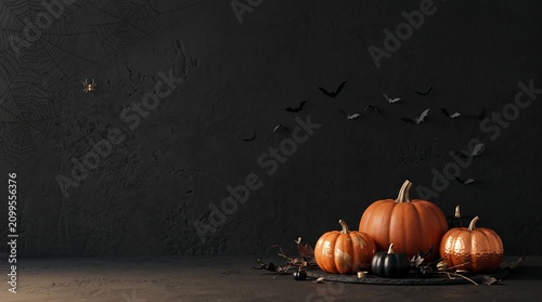 Spooky Helloween Background With Pumpkins And Flying Bats Decoration