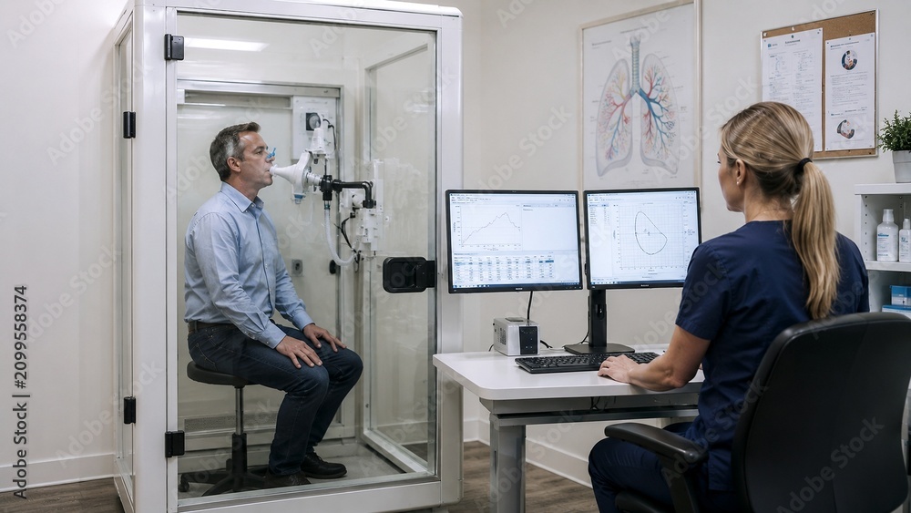 Fototapeta premium adult patient seated inside transparent body plethysmography chamber performing pulmonary function test through filtered mouthpiece