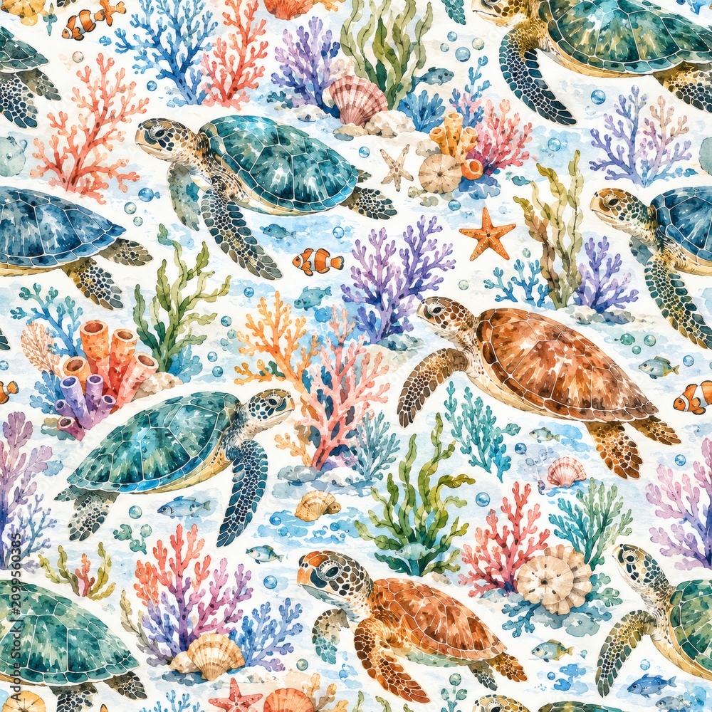 Obraz premium Seamless watercolor pattern of sea turtles and coral reef