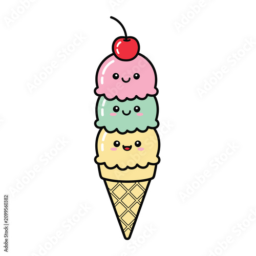 Cute triple scoop ice cream cone with a small cherry topper