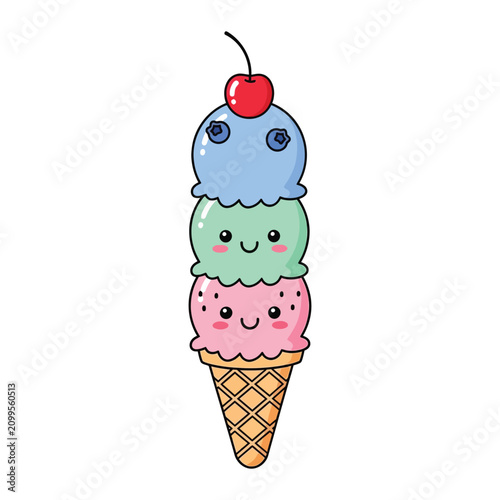 Cute triple scoop ice cream cone with happy cartoon faces