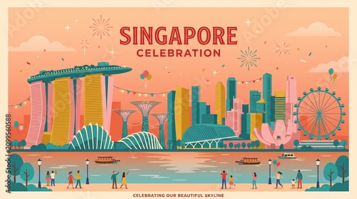 Singapore National Day Celebration with Modern Skyline Illustration