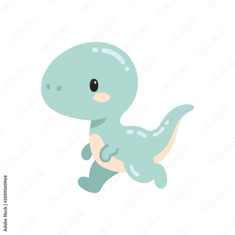 Fototapeta premium Cute Kawaii Green Baby Dinosaur running in Pastel Prehistoric Style