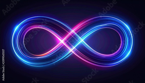 A vibrant infinity symbol glows, crafted from neon light streaks in blue, pink, and purple against a dark backdrop. The lights add dimension