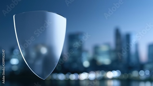 Transparent Cybersecurity Shield Against Modern City Skyline, Enterprise Data Protection and Digital Network Security Concept with Copy Space
