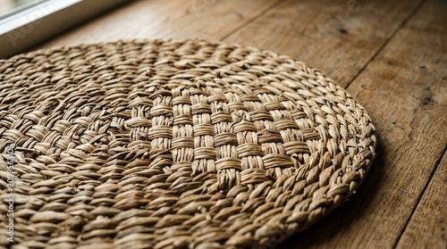 Woven Round Natural Fiber Mat on Rustic Wooden Floor.