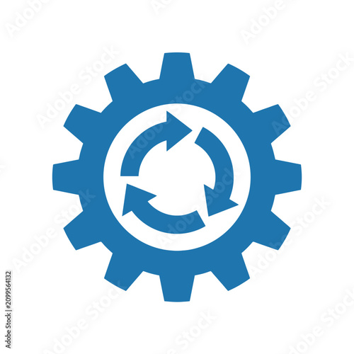 Blue cogwheel with recycling arrows inside, representing mechanics, industry, and sustainability concepts