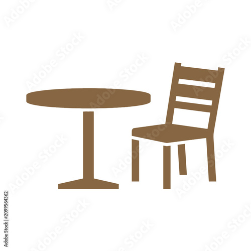 Brown outline icon of a round table and a chair, simple vector illustration