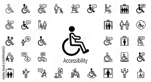 Diverse collection of accessibility icons centered on inclusion and universal access for people with disabilities.