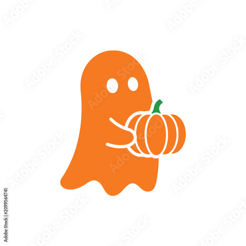 Cute orange ghost character holding a small pumpkin, simple flat design for Halloween celebration