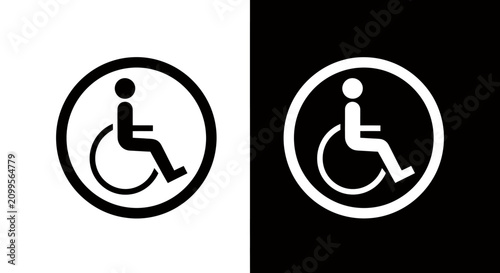 Wheelchair accessibility symbol icon displayed with high contrast on black and white backgrounds and circular emblem.