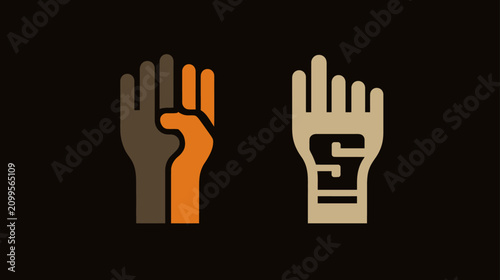 Abstract graphic illustration showing diverse hands in a gesture of unity and solidarity, alongside a raised hand pointing up, symbolizing social justice and advocacy.