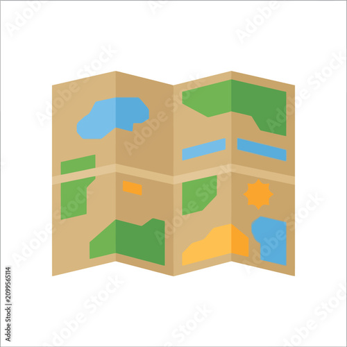 folded paper map illustration with colorful land and water features, simple geometric shapes on tan background