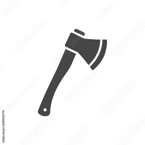Isolated black axe icon with handle, simple silhouette, tool for chopping and woodworking
