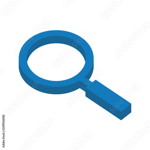 Isolated blue magnifying glass icon in isometric view on a white background, symbol for search, discovery, and analysis