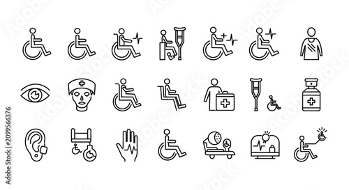 Collection of accessibility and disability inclusion icons illustrating universal design and adaptive assistance.