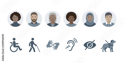 Bild auf Leinwand Diverse People Avatars and Accessibility Icon Set