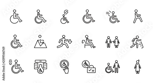 Collection of wheelchair and accessibility icons showing diverse mobility symbols in grayscale.