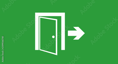Open doorway icon with rightward arrow on green background, contemporary exit sign graphic.
