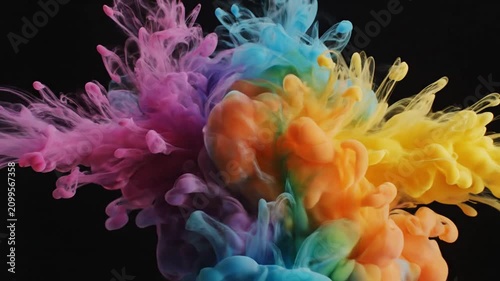 Vibrant pink, blue, yellow ink clouds mixing in dark water