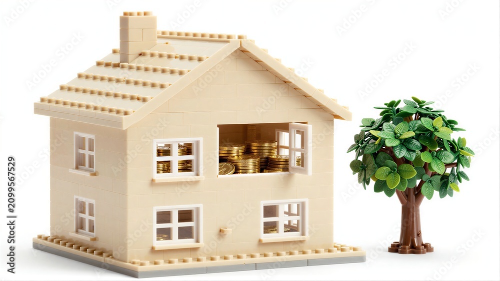 Fototapeta premium Lego house filled with gold coins, beside a green tree.