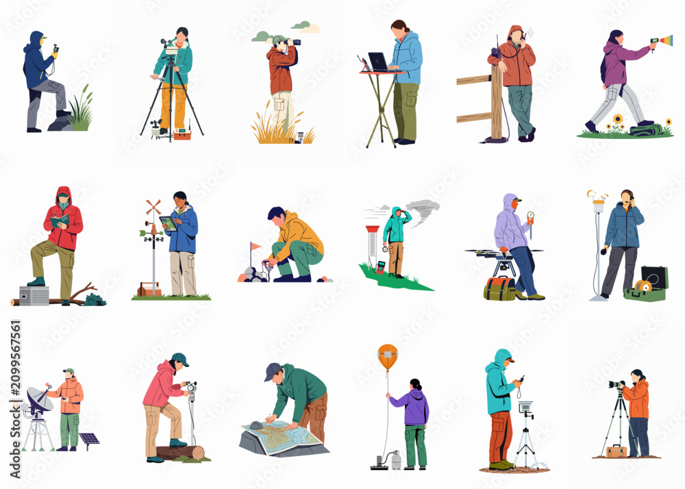 Fototapeta premium Collection of flat vector illustrations depicting scientists and researchers conducting various field studies, data collection, and environmental monitoring in outdoor settings.