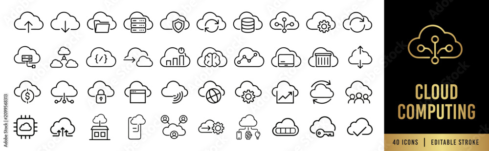 Obraz premium Cloud Computing Line Icon Set. Cloud Infrastructure, Network Security, FinOps Cost Management, Server Hosting, and AI Integration. 40 Editable Stroke Vectors for DevOps SaaS UI.