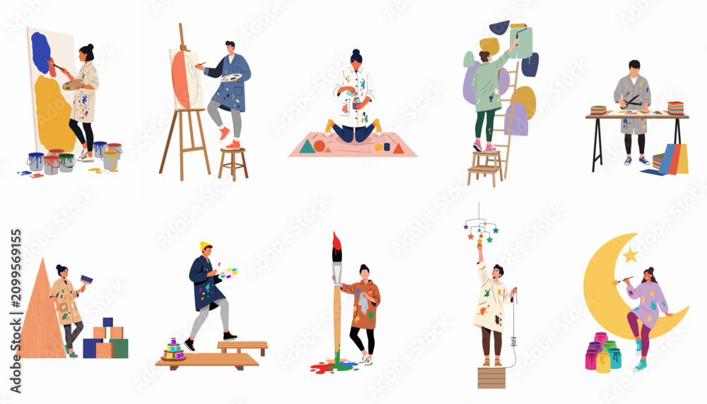 Fototapeta premium Diverse collection of creative artists and painters characters engaged in various artistic activities including painting, mural work, and crafting in flat style.