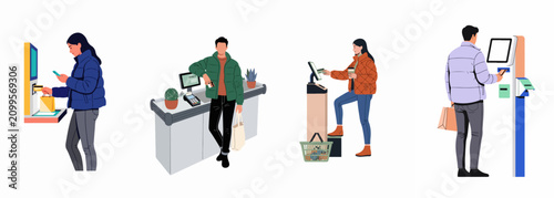 Set of People Using Self-Service Terminals and Paying with Credit Cards or Mobile Phones in a Retail Store Environment.
