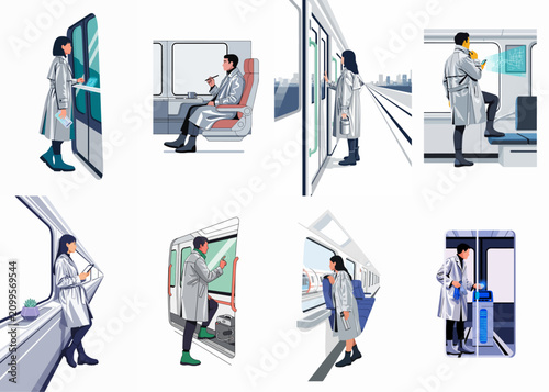 Konstfotografi Collection of futuristic commuters traveling on modern trains and platforms, featuring men and women in stylish coats using advanced technology in daily transit