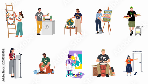 Fotografía Diverse volunteers and staff participating in various cultural exchange activities like painting, music, gardening, and information services at a global community event