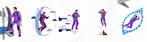 Фотография Flat Vector Illustration Set of Skydivers in Various Poses and Actions Jumping F