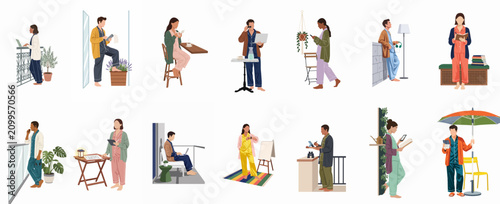 Diverse collection of people in pajamas and loungewear working, relaxing, and doing daily routines at home and on balconies.