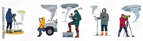 Valokuva Storm chasers and meteorologists tracking, measuring, and filming tornadoes with specialized equipment in various weather conditions and environments