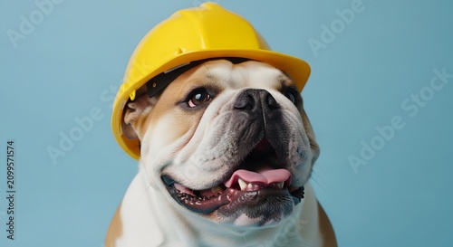Bulldog wearing yellow hard hat