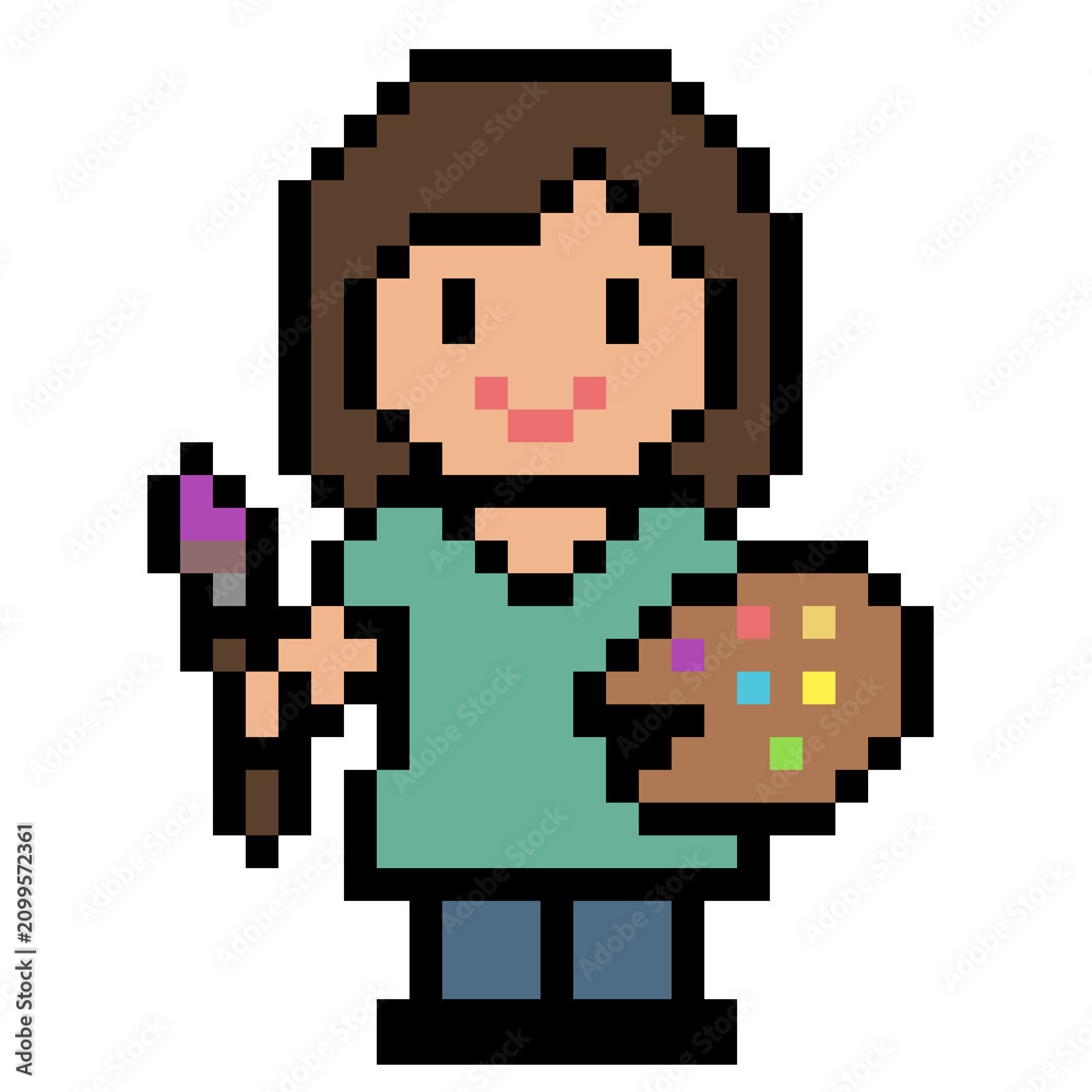 Fototapeta premium Pixel art female artist painter character holding a brush and a colorful palette.
