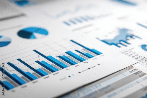 Close-up view of business charts and graphs on printed white paper, showcasing data visualization in varying blue shades